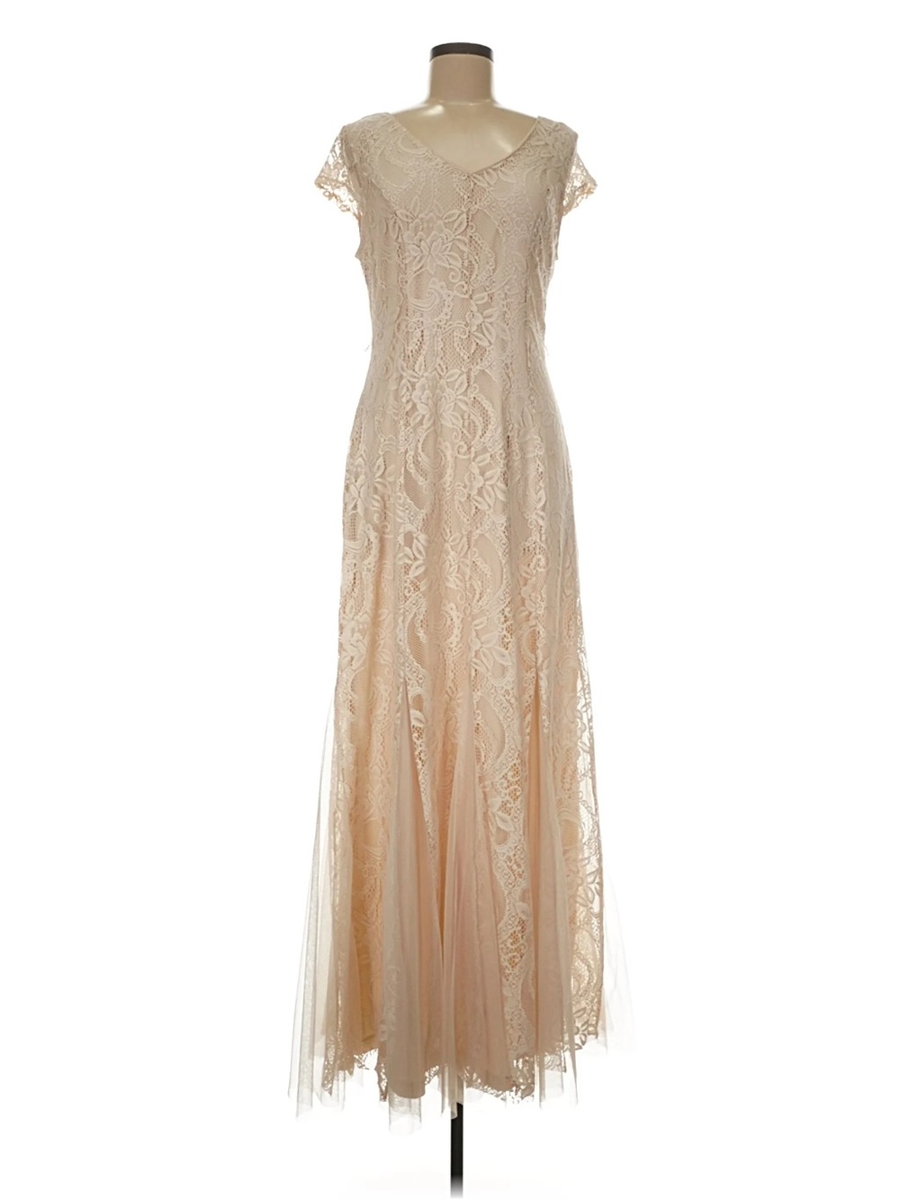NWT Candalite Medium Elegant Beige Lace Cap-Sleeve Maxi Dress